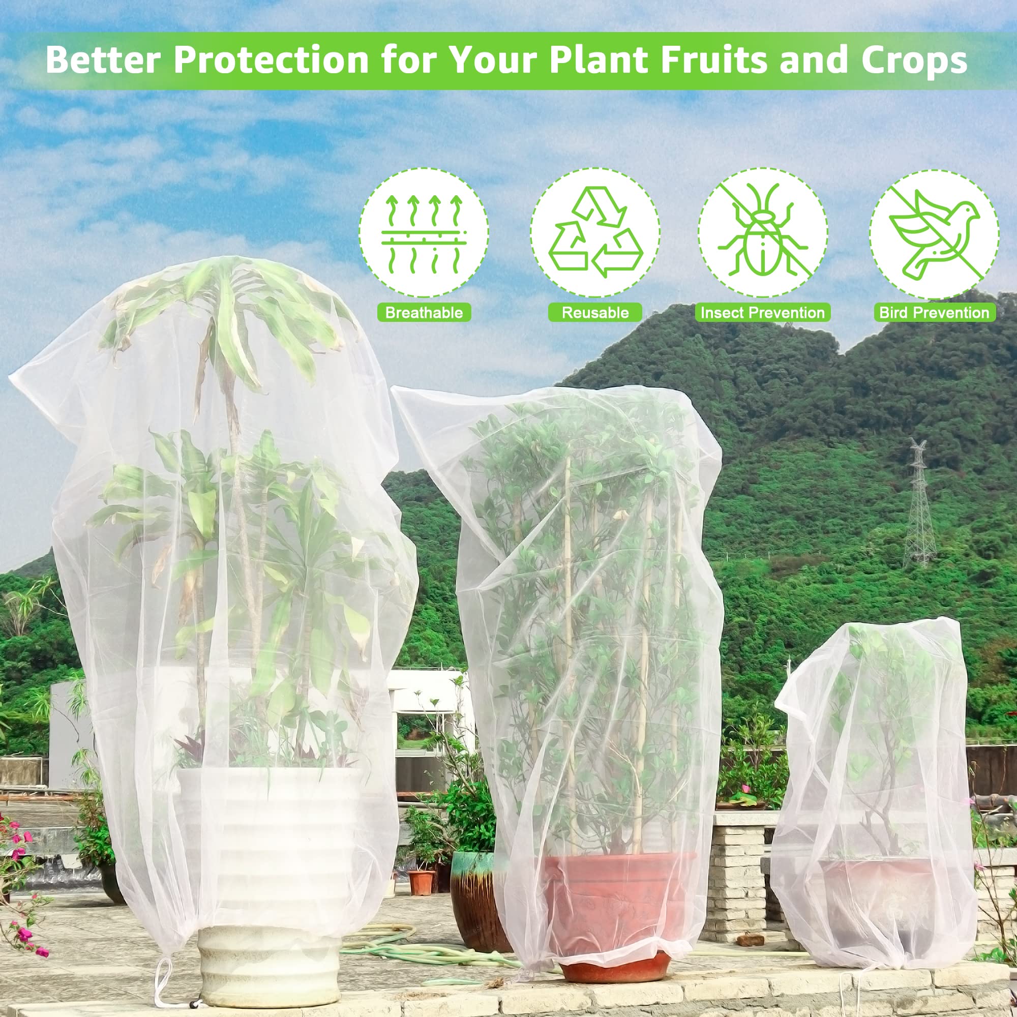MIXC 6 Packs 3 Size Insect Netting Bag, Garden Bird Barrier Mesh Covers Bags With Drawstring, Bug Netting Plant Protection Covers Bags For Blueberry Tomato Vegetable Form Cicadas Bird Squirrels Eating