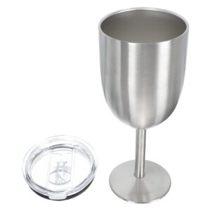 Angoily Insulated Wine Glasses with Lid Stainless Steel Wine Tumbler with Stem, 10 oz Unbreakable Goblets Stemmed Wine Glasses for Champaign, Cocktail, Home Bar and Nightclub (Silver)