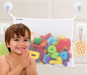 bath toy net 18”x16” - kids bath tub toy holder, mesh bag for bath toys, baby bathtub toy storage organizer, large bathroom bucket bin - toddler shower caddy hanging basket + 2 suction cups & 2 hooks
