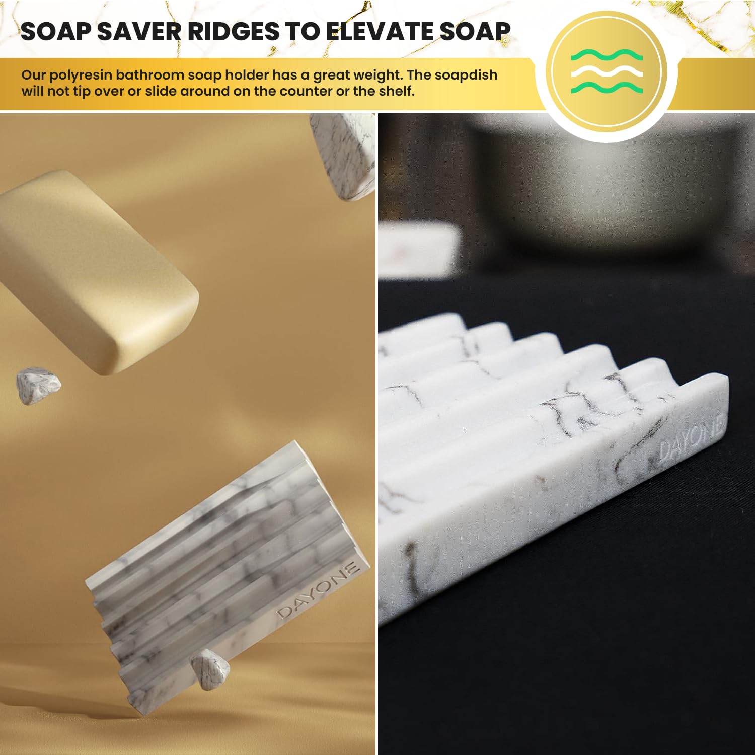 DAY1 Soap Holder with Marble Look - Soap Dish with Soap Saver Ridges Rectangle Bar Soap Holder with Non Slip Feet - Soap Tray for Bathroom, Sink, Kitchen, and SPA (White)