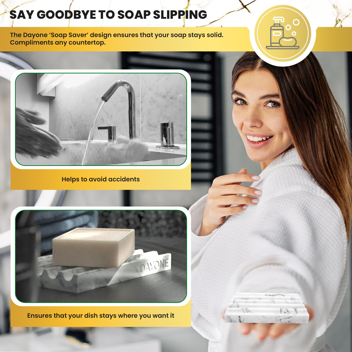 DAY1 Soap Holder with Marble Look - Soap Dish with Soap Saver Ridges Rectangle Bar Soap Holder with Non Slip Feet - Soap Tray for Bathroom, Sink, Kitchen, and SPA (White)