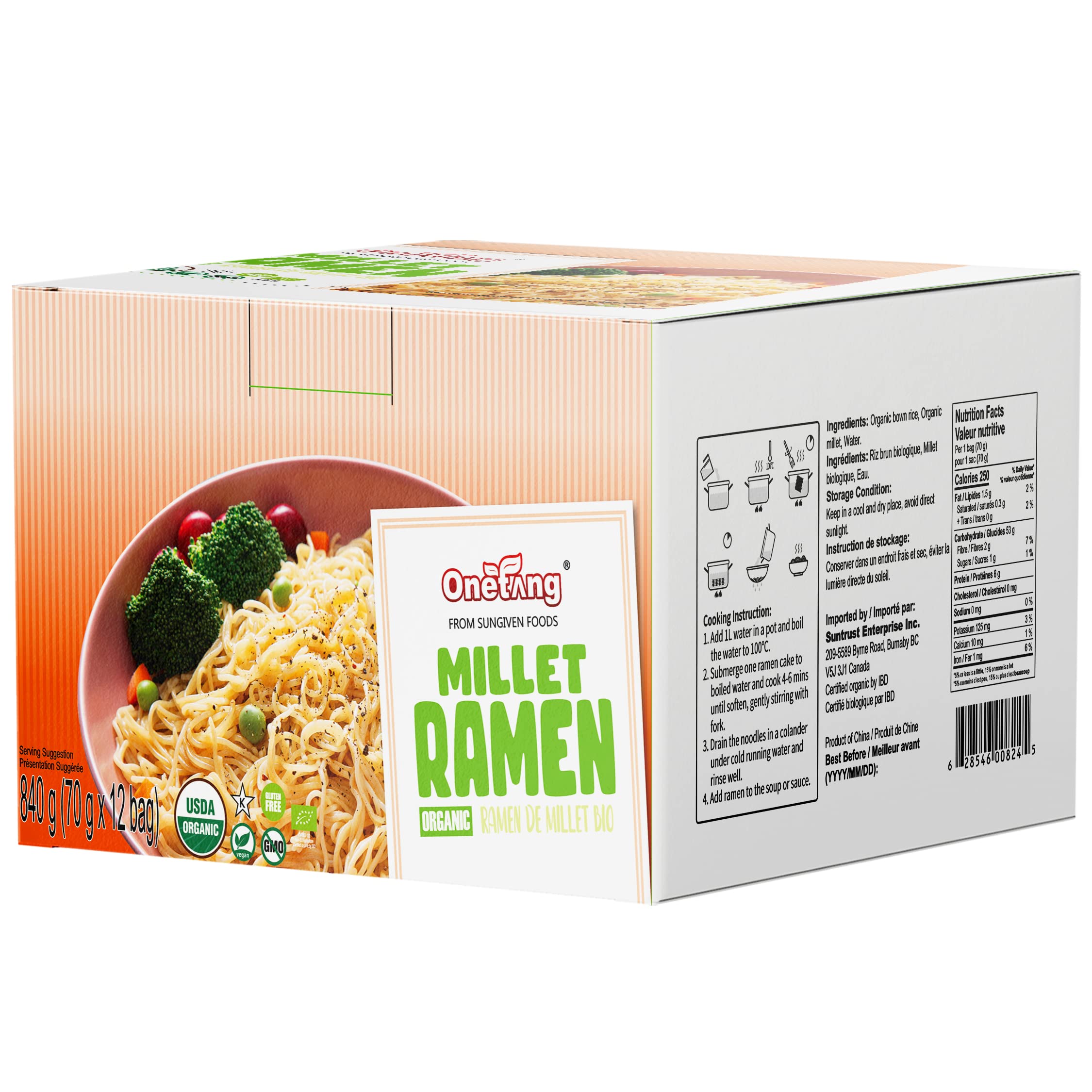 ONETANG Organic Millet & Brown Rice Ramen Noodle, Gluten-Free Pasta, No Sodium Ramen, Whole Grain, Non-GMO, Kosher, Vegan 2.47 Oz (Pack Of 12)