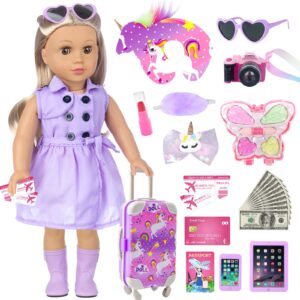 bddoll 25 pcs american clothes accessories - travel suitcase play set for 18 inch doll with clothes, suitcase, camera, phone, sungasses, makeup toy