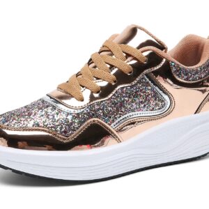 kkdom Women's Walking Shoes Glitter Comfort Lightweight Wedge Platform Athletic Tennis Sneakers Gold US Size 10