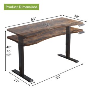 Radlove Dual Motor Height Adjustable Standing Desk, 63 x 30 Height Adjustable Computer Desk Sit Stand Desk Home Office Desks with Splice Board 265 lb Load Capacity Black Frame + Rustic Brown Top