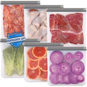 lerine 6 pack reusable gallon freezer bags dishwasher safe, bpa free reusable 1 gallon bags silicone, leakproof reusable storage bags for marinate meats, cereal, vegetables, home organization(grey)