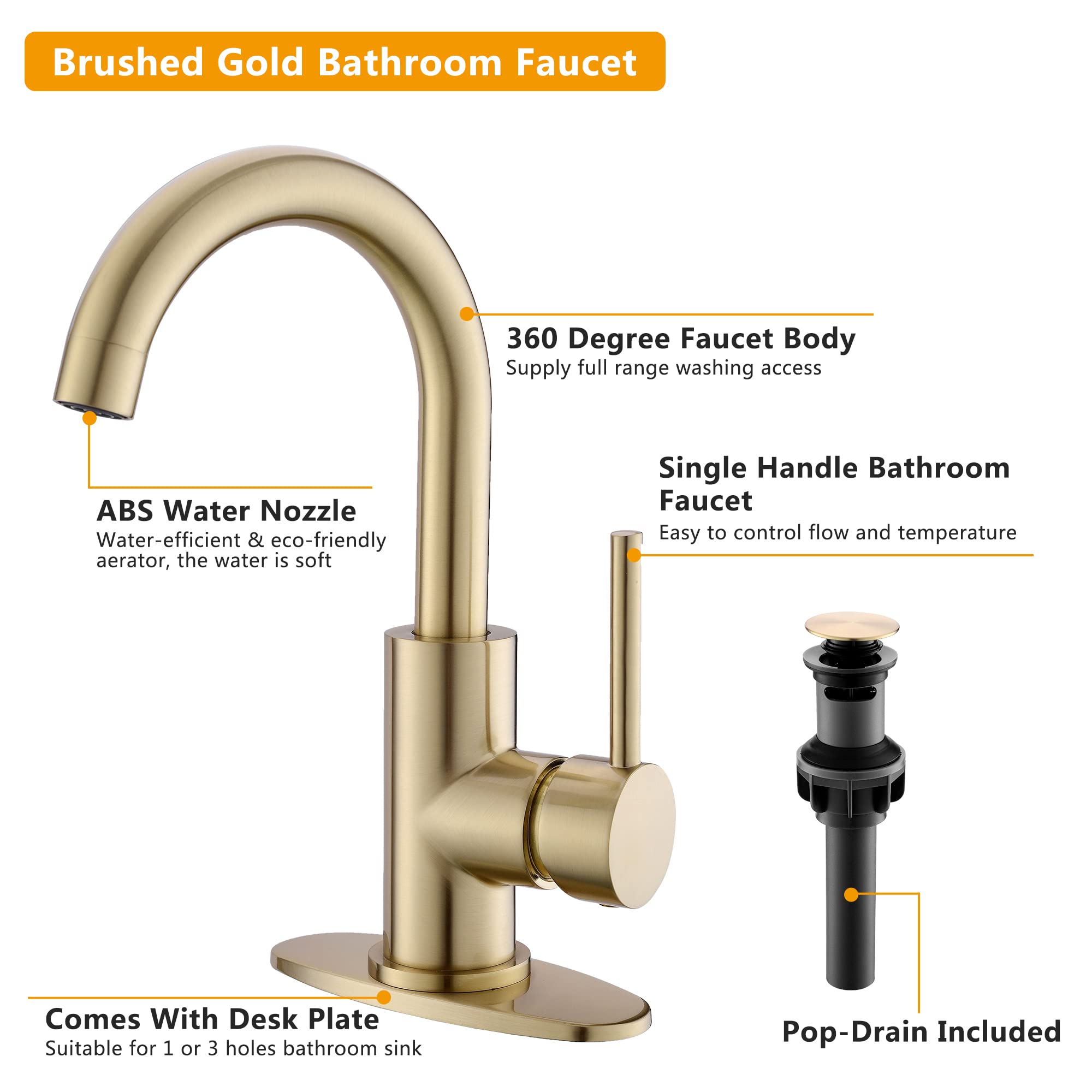 FROPO Gold Bathroom Faucets with Pop-Up Drain, Modern Single Hole Bathroom Sink Faucet with Deck Plate Single Handle Lavatory Faucet Brushed Gold Bar Vanity Faucet