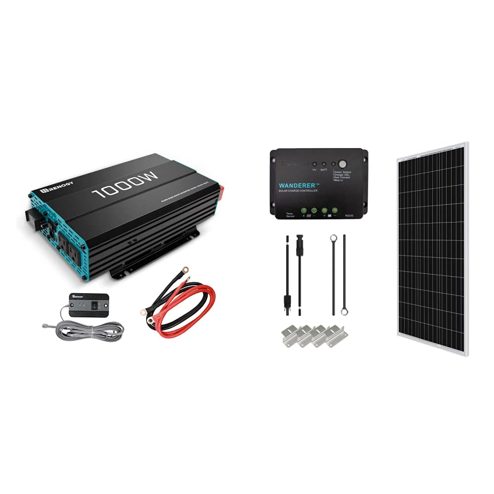 Renogy 1000W Pure Sine Wave Inverter 12V DC to 120V AC Converter & KIT-STARTER-100D Starter Kit with 1 Pcs 100W Monocrystalline Panel and 30A PWM Controller Solar Charging, Boats, RV, Off-Grid System