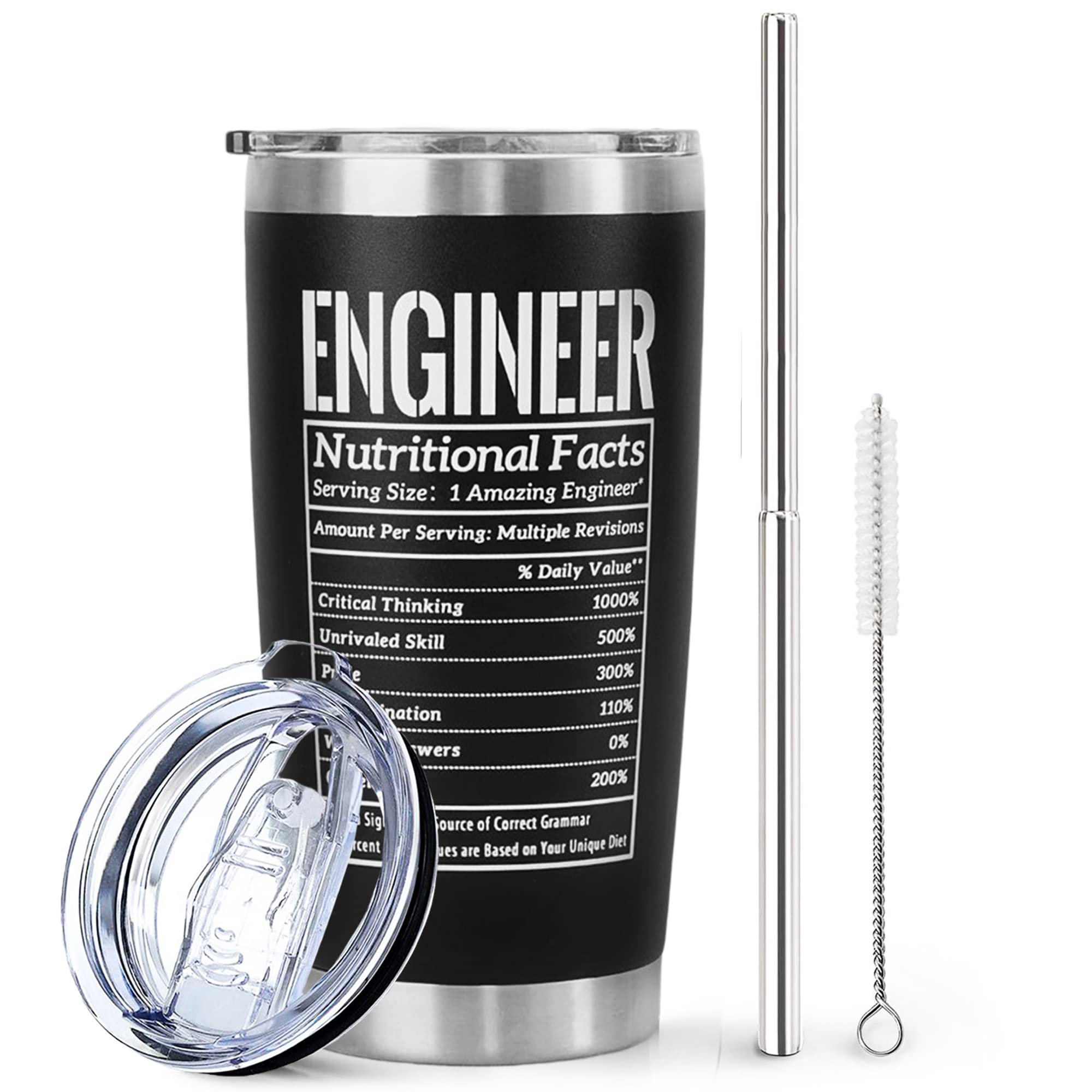 Engineer Tumbler with Lid and Straw- Funny Engineer Gifts for Engineers -Engineer Mug, Cup, Skinny Tumbler - Matte Black Thermal Insulated Tumblers 20 Oz- Nerd Gifts(Nutritional Facts)