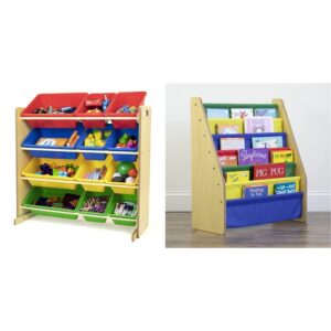 humble crew kids storage furniture bundle with toy organizer (12 bins), bookshelf (6 shelves) | natural wood