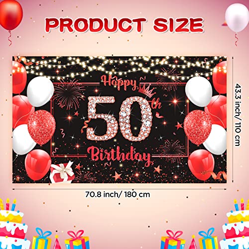 Red Happy 50th Birthday Banner Decorations for Men Women, Large Red Black Glitter 50th Birthday Backdrop Cheers to 50 Years Old Birthday Banner Photo Background Anniversary Party Supplies (50th)