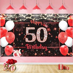 red happy 50th birthday banner decorations for men women, large red black glitter 50th birthday backdrop cheers to 50 years old birthday banner photo background anniversary party supplies (50th)