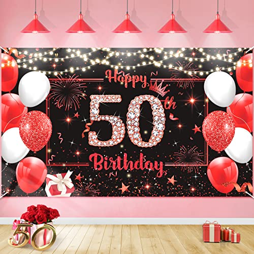 Red Happy 50th Birthday Banner Decorations for Men Women, Large Red Black Glitter 50th Birthday Backdrop Cheers to 50 Years Old Birthday Banner Photo Background Anniversary Party Supplies (50th)