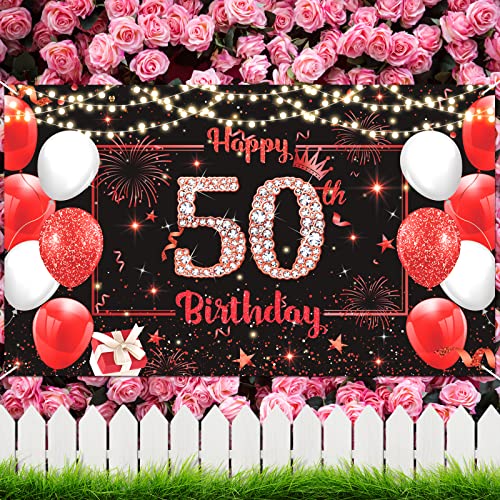Red Happy 50th Birthday Banner Decorations for Men Women, Large Red Black Glitter 50th Birthday Backdrop Cheers to 50 Years Old Birthday Banner Photo Background Anniversary Party Supplies (50th)