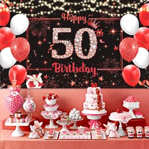 Red Happy 50th Birthday Banner Decorations for Men Women, Large Red Black Glitter 50th Birthday Backdrop Cheers to 50 Years Old Birthday Banner Photo Background Anniversary Party Supplies (50th)