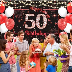 Red Happy 50th Birthday Banner Decorations for Men Women, Large Red Black Glitter 50th Birthday Backdrop Cheers to 50 Years Old Birthday Banner Photo Background Anniversary Party Supplies (50th)