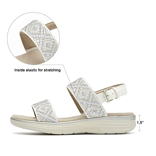 VJH confort Women’s Flat Sandals, Comfort LightWeight Open Toe Elastic Sequins Straps Casual Walking Shoes for Summer(white,9)