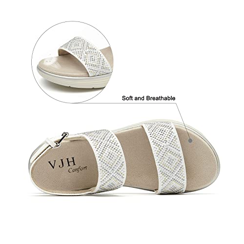 VJH confort Women’s Flat Sandals, Comfort LightWeight Open Toe Elastic Sequins Straps Casual Walking Shoes for Summer(white,9)