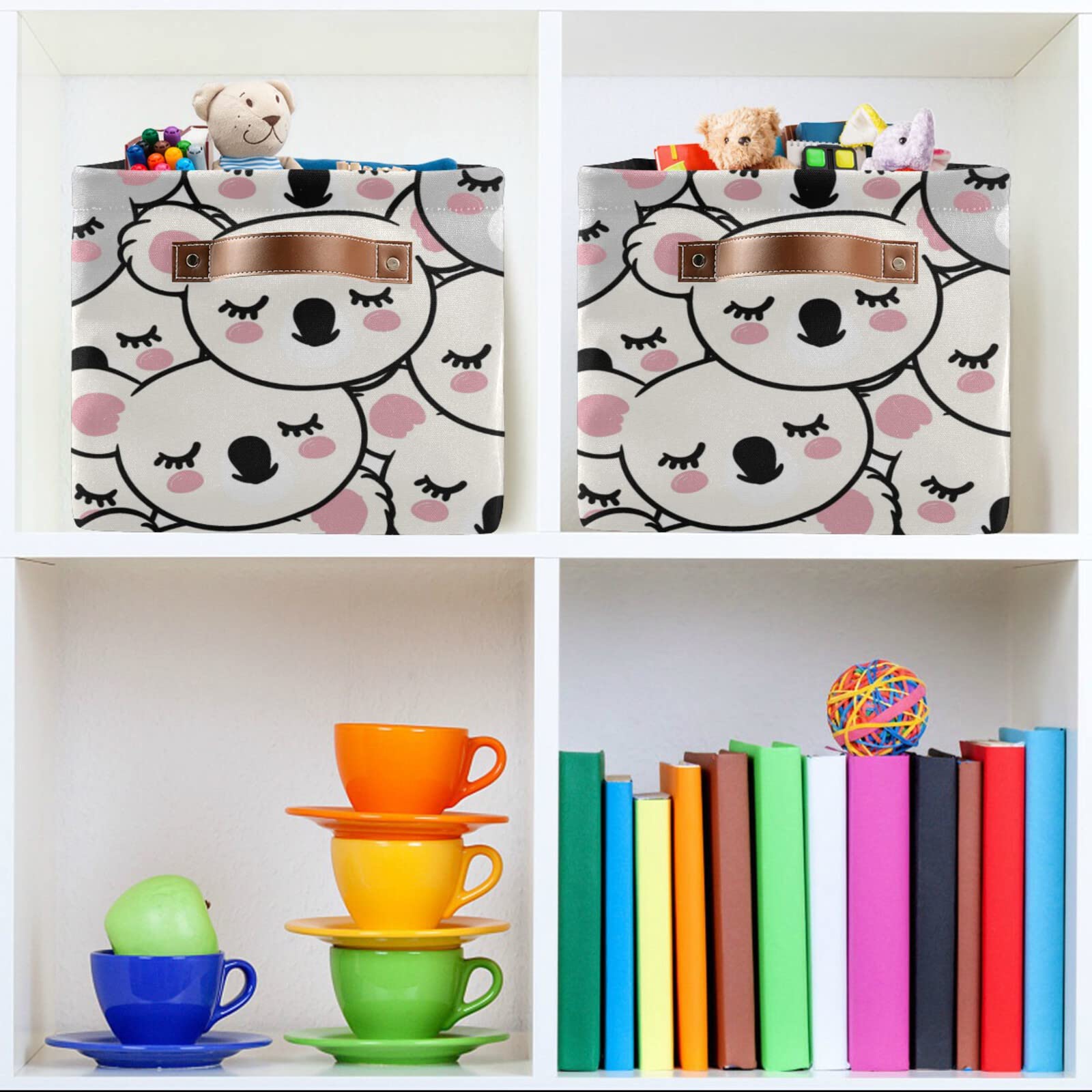 Wusikd White and Grey Koalas Faces Storage Basket Set of 1 Large Fabric Storage Basket Bins Box Cube with Handles Collapsible Closet Shelf Clothes Organizer Basket for Nursery Bedroom