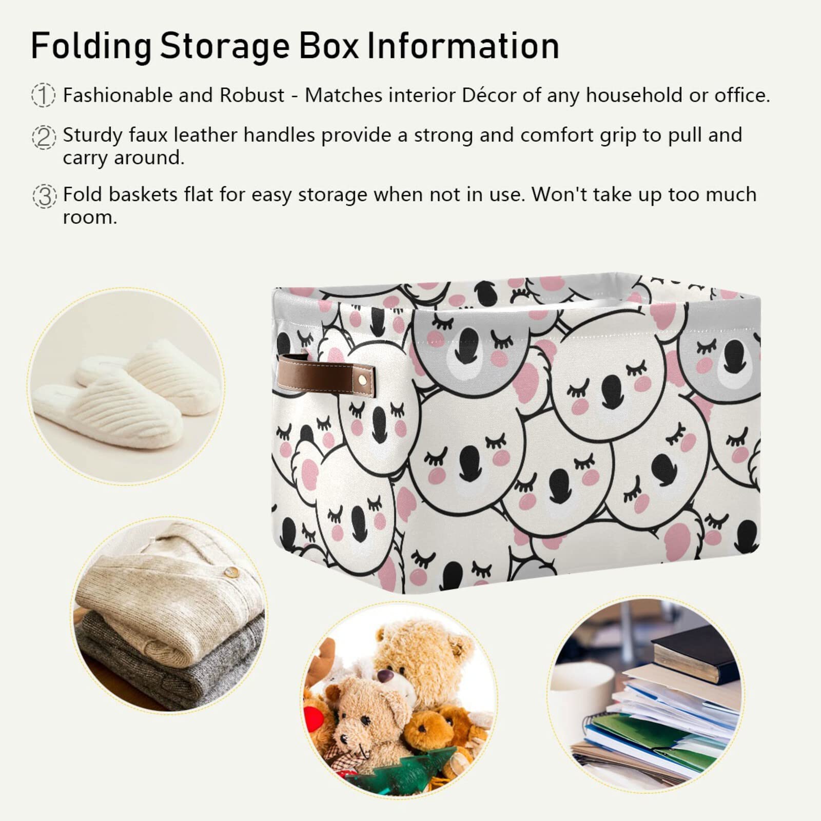 Wusikd White and Grey Koalas Faces Storage Basket Set of 1 Large Fabric Storage Basket Bins Box Cube with Handles Collapsible Closet Shelf Clothes Organizer Basket for Nursery Bedroom