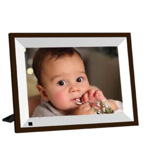 digital picture frame，jren 10.1 inch wifi digital photo frame with hd touch screen auto-rotate， share photos and videos via frameo app anytime and anywhere plastic frame color brown