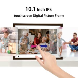 Digital Picture Frame，JREN 10.1 inch WiFi Digital Photo Frame with HD Touch Screen Auto-Rotate， Share Photos and Videos via FRAMEO App Anytime and Anywhere Plastic Frame Color Brown