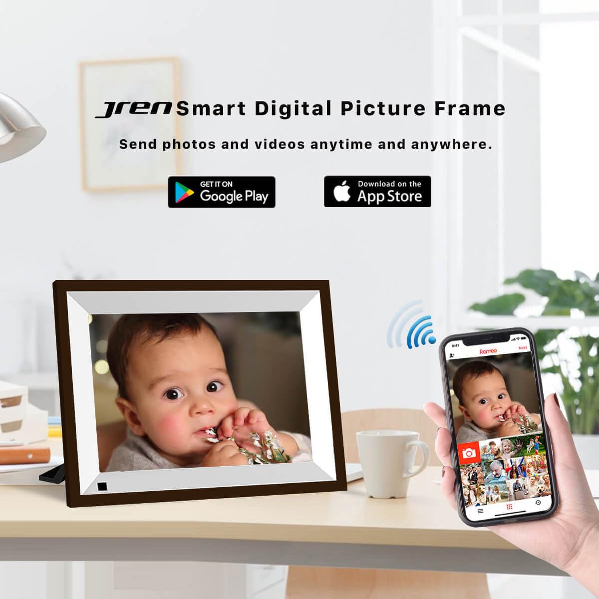 Digital Picture Frame，JREN 10.1 inch WiFi Digital Photo Frame with HD Touch Screen Auto-Rotate， Share Photos and Videos via FRAMEO App Anytime and Anywhere Plastic Frame Color Brown