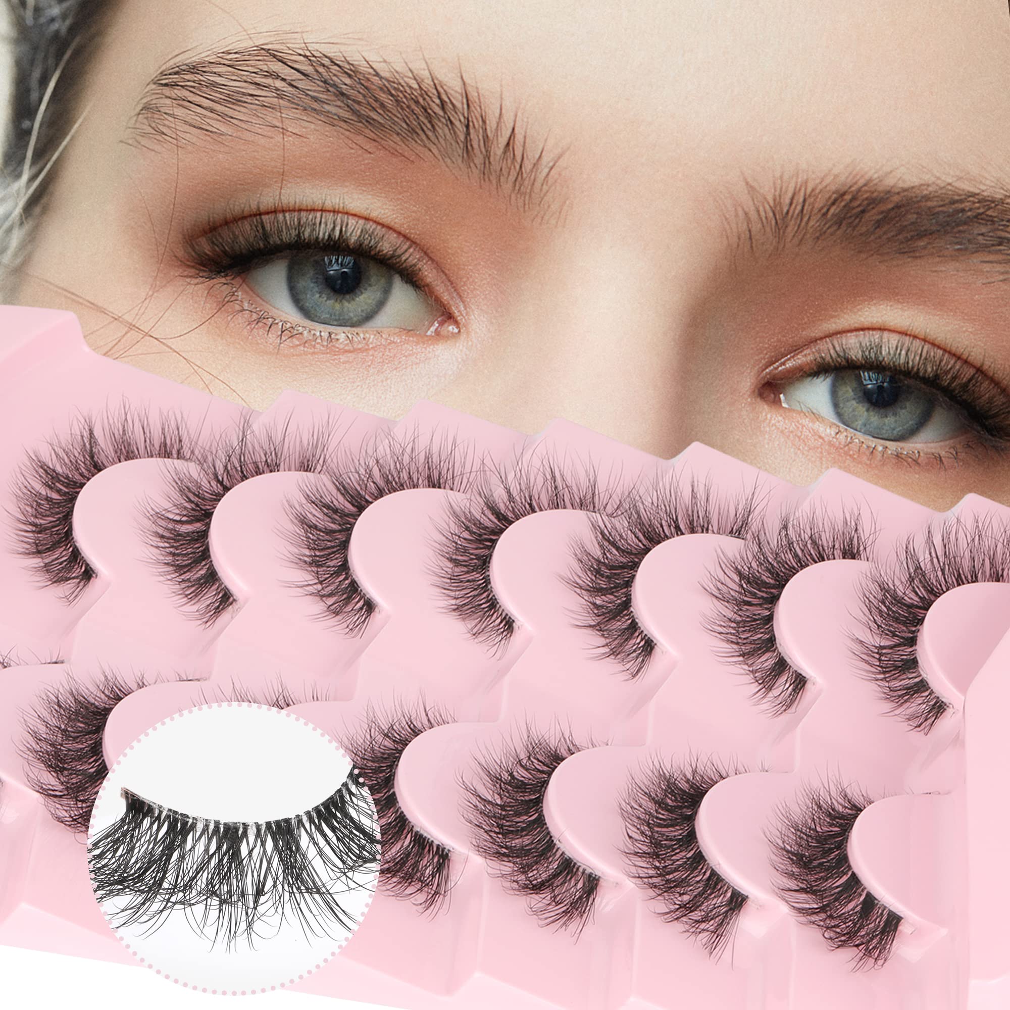 Eyelashes 3D Cat Eye Lashes Natural Look Messy Fluttery Clear Band Lashes Fluffy Faux Mink Eyelashes Wispy Lashes Strip Curly False Lashes Pack 7 Pairs by Zenotti