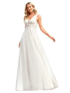 ever-pretty women's elegant long lace sequin v-neck ruched summer beach wedding gowns for women white us8