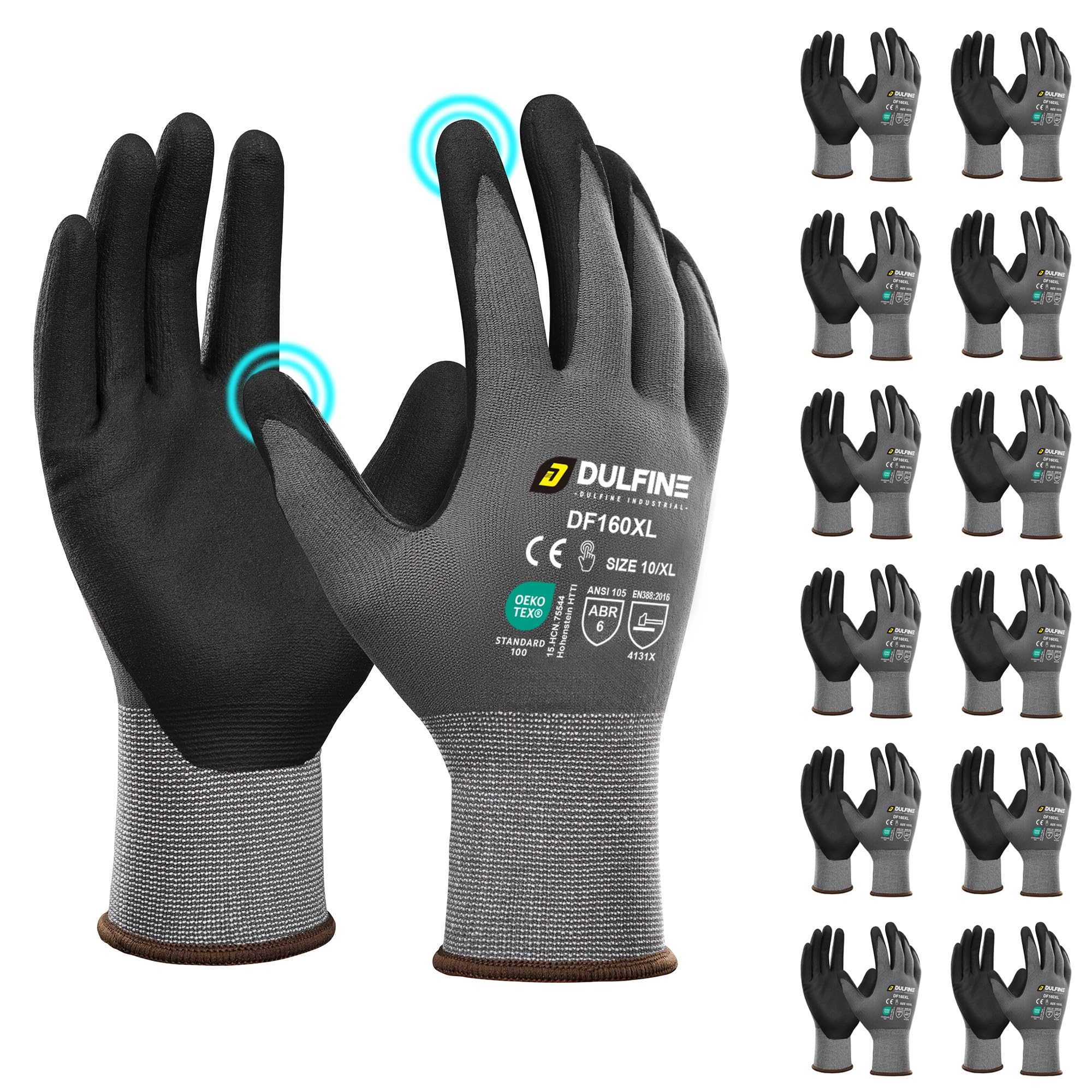 DULFINE Safety Work Gloves MicroFoam Nitrile Coated-12 Pairs Pack,Seamless Knit Nylon Glove with Black Micro-Foam Nitrile Grip,Touchscreen Ideal for General Purpose,Automotive,Home Improvement(Large)