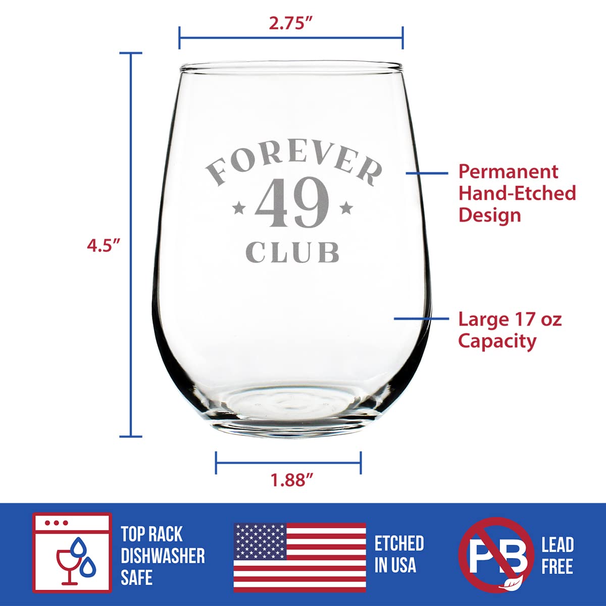 Forever 49 Club - Stemless Wine Glass 50th Birthday Gifts for Women & Men Turning 50 - Bday Party Decor - Large 17 Oz Glasses