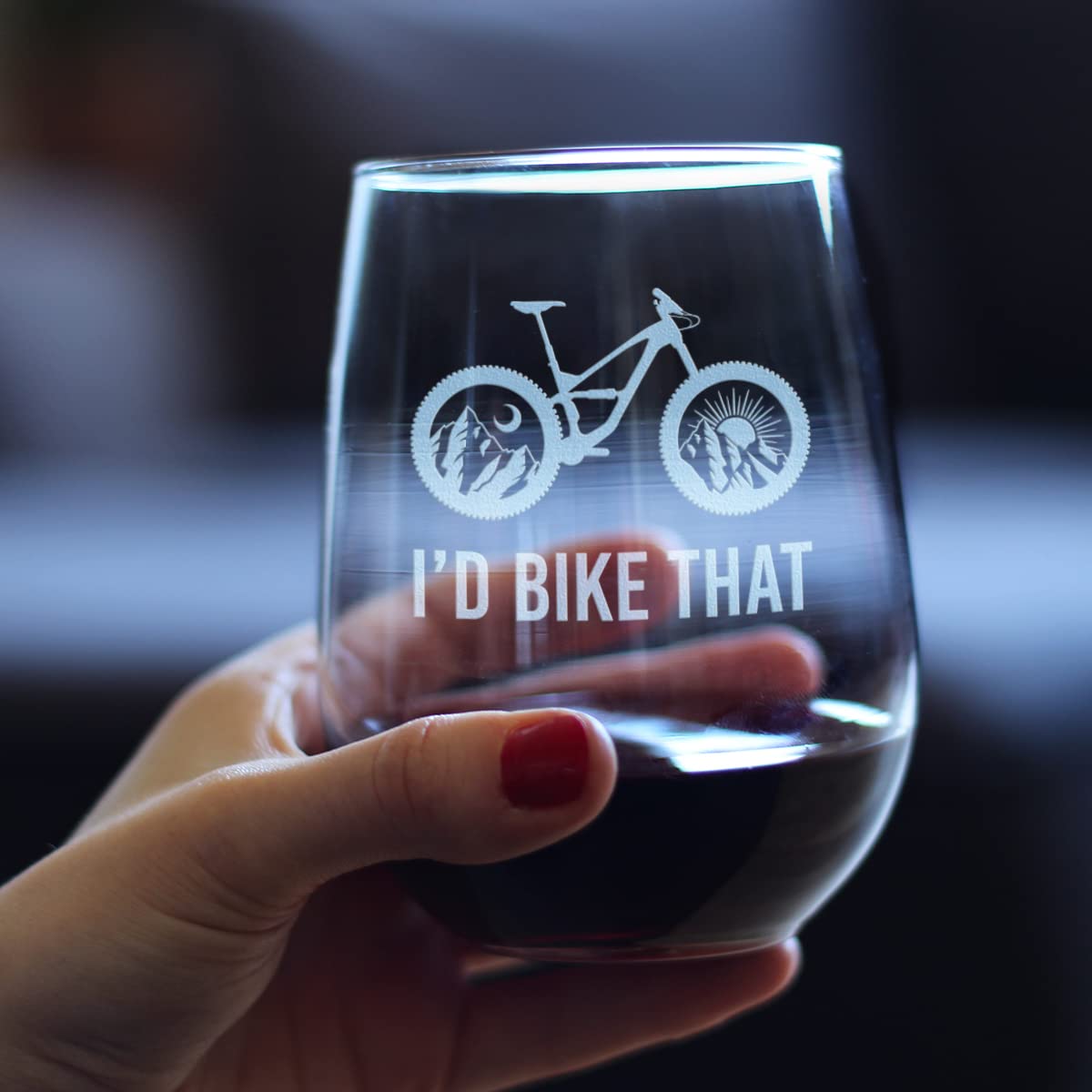 I'd Bike That - Stemless Wine Glass - Bicycle Themed Decor and Gifts for Mountain Bikers - Large 17 Oz Glasses