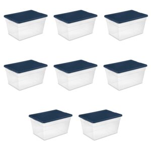 sterilite stackable 56 quart clear home storage box with handles and marine blue lid for efficient, space saving storage and organization (8 pack)