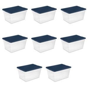 Sterilite Stackable 56 Quart Clear Home Storage Box with Handles and Marine Blue Lid for Efficient, Space Saving Storage and Organization (8 Pack)