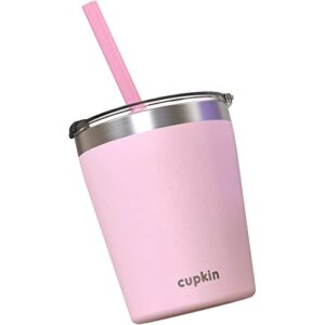 cupkin stackable stainless steel kids cup smoothie tumbler - powder coated insulated tumblers, bpa free lid and silicone straw (8 fl oz (pack of 1), pink)