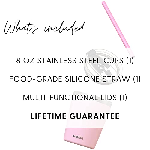 CUPKIN Stackable Stainless Steel Kids Cup Smoothie Tumbler - Powder Coated Insulated Tumblers, BPA Free Lid and Silicone Straw (8 Fl Oz (Pack of 1), Pink)