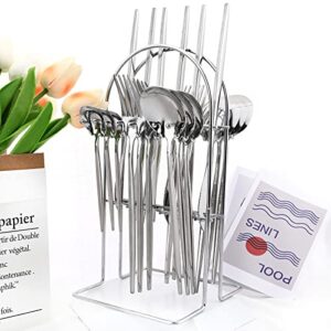 24-Piece Mirror Silver Cutlery Set, Snplowum Stainless Steel Flatware Hanging Tableware Silverware Set Include Knife/Fork/Spoon/Teaspoon and Storage Rack For Daily Use, Service For 6