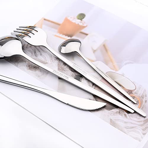 24-Piece Mirror Silver Cutlery Set, Snplowum Stainless Steel Flatware Hanging Tableware Silverware Set Include Knife/Fork/Spoon/Teaspoon and Storage Rack For Daily Use, Service For 6