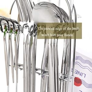 24-Piece Mirror Silver Cutlery Set, Snplowum Stainless Steel Flatware Hanging Tableware Silverware Set Include Knife/Fork/Spoon/Teaspoon and Storage Rack For Daily Use, Service For 6