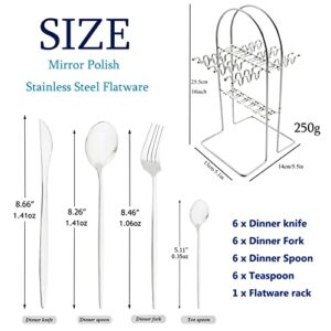 24-Piece Mirror Silver Cutlery Set, Snplowum Stainless Steel Flatware Hanging Tableware Silverware Set Include Knife/Fork/Spoon/Teaspoon and Storage Rack For Daily Use, Service For 6