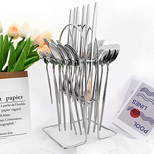 24-Piece Mirror Silver Cutlery Set, Snplowum Stainless Steel Flatware Hanging Tableware Silverware Set Include Knife/Fork/Spoon/Teaspoon and Storage Rack For Daily Use, Service For 6