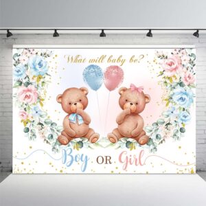 mehofond 8x6ft bear gender reveal baby shower party backdrop boy or girl blush pink blue floral photography background party decor blue and pink balloons gold confetti photobooth