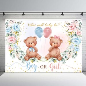 MEHOFOND 8x6ft Bear Gender Reveal Baby Shower Party Backdrop Boy or Girl Blush Pink Blue Floral Photography Background Party Decor Blue and Pink Balloons Gold Confetti Photobooth