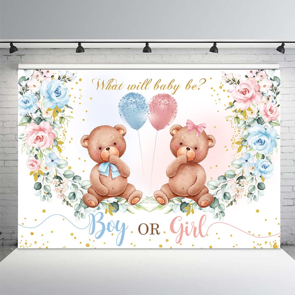 MEHOFOND 8x6ft Bear Gender Reveal Baby Shower Party Backdrop Boy or Girl Blush Pink Blue Floral Photography Background Party Decor Blue and Pink Balloons Gold Confetti Photobooth