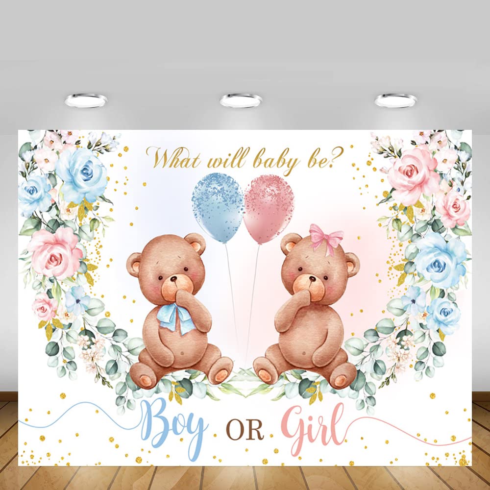 MEHOFOND 8x6ft Bear Gender Reveal Baby Shower Party Backdrop Boy or Girl Blush Pink Blue Floral Photography Background Party Decor Blue and Pink Balloons Gold Confetti Photobooth