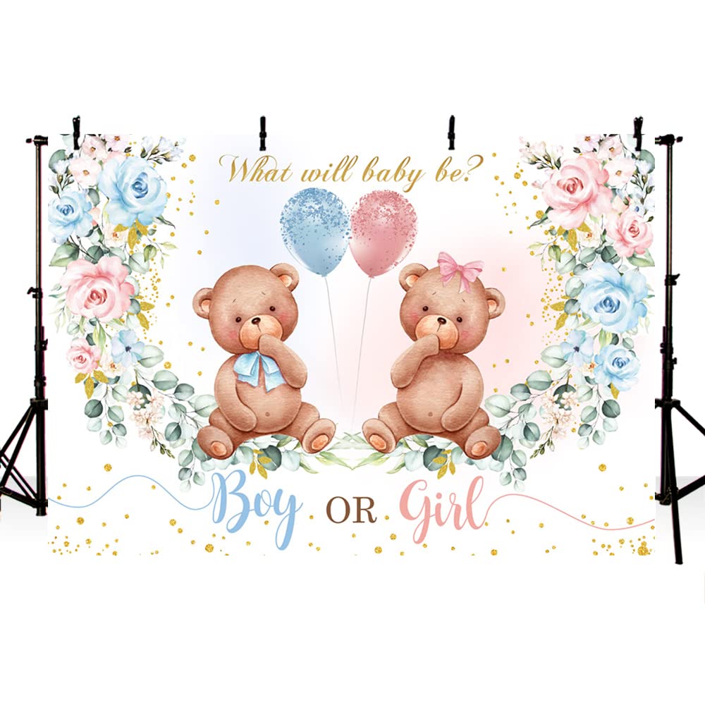 MEHOFOND 8x6ft Bear Gender Reveal Baby Shower Party Backdrop Boy or Girl Blush Pink Blue Floral Photography Background Party Decor Blue and Pink Balloons Gold Confetti Photobooth