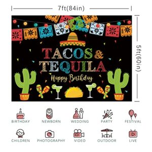 Rsuuinu Mexican Fiesta Backdrop Happy Birthday Tacos and Tequila Colorful Lights Background Drop Cinco De Mayo Backdrop for Pictures Birthday Party Mexican Decorations Banner Photo Booth Props 7x5ft