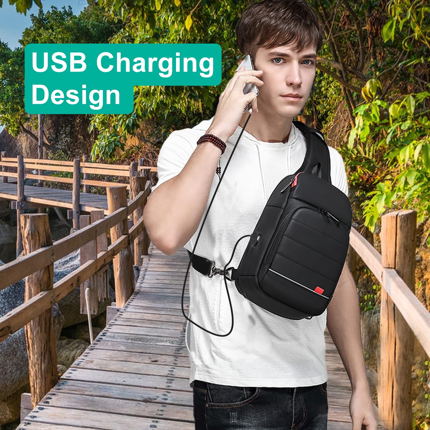 Sling Bag for Men Chest Bag Shoulder Backpack Daypack Crossbody Sling Backpack with USB Cable for Hiking Camping Outdoor Trip