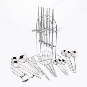uniturcky 24 piece cutlery set for 6 with holder, mirror polished silver stainless steel flatware set with rack, kitchen restaurant hotel utensils, silverware sets with holder, hanging flatware set