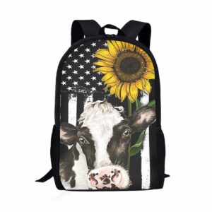 biyejit sunflower cow with american flag design backpack for kids school book bags girls rucksack lightweight bookbags
